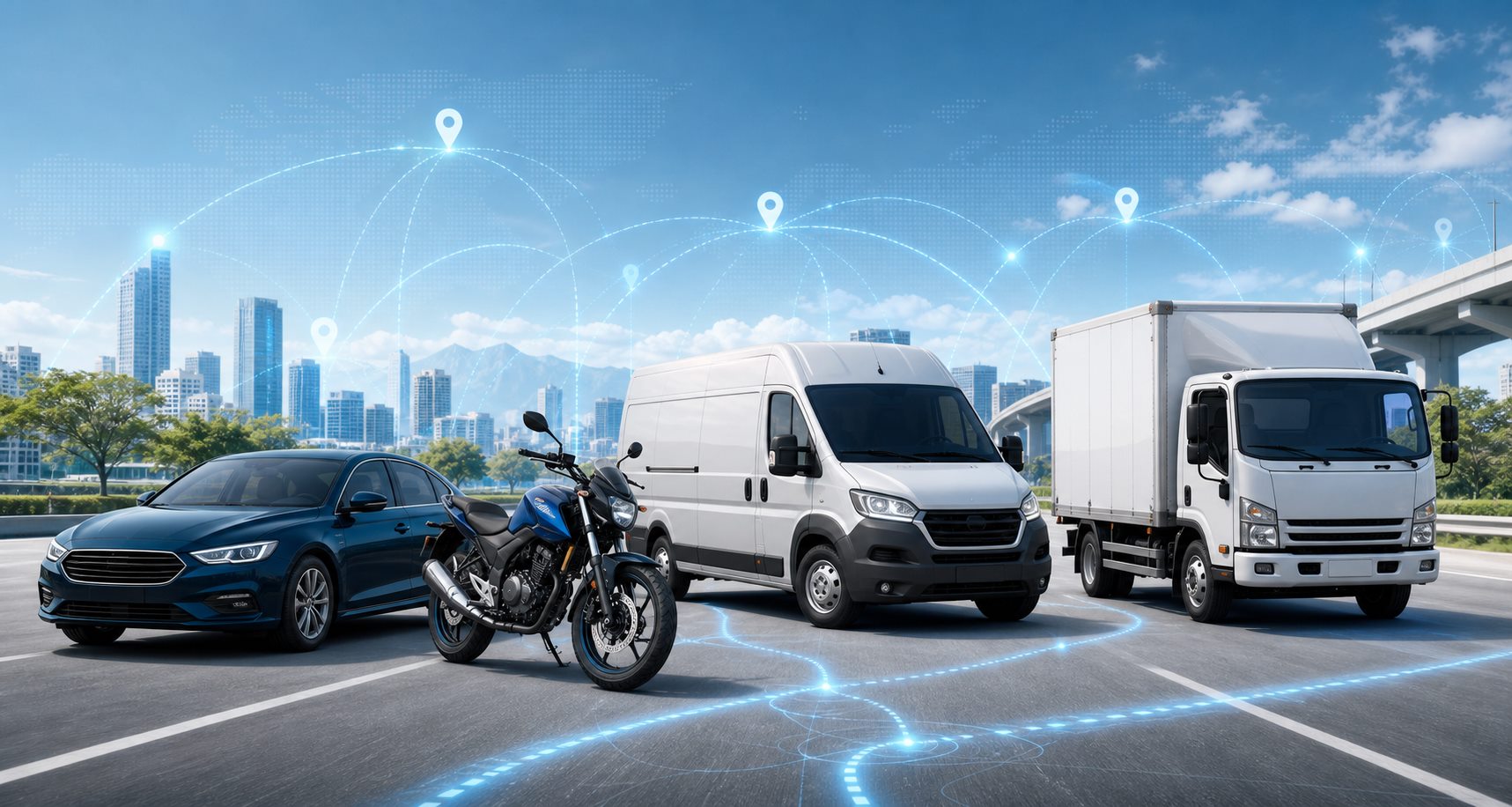 Frota diversa com carro, moto, van e caminhão monitorados